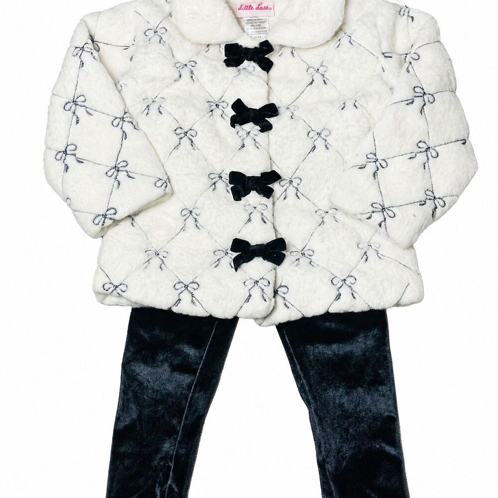 Little Lass White Sherpa Jacket & Velvet Pants Quilted Bow Baby Girl 12M Set EUC